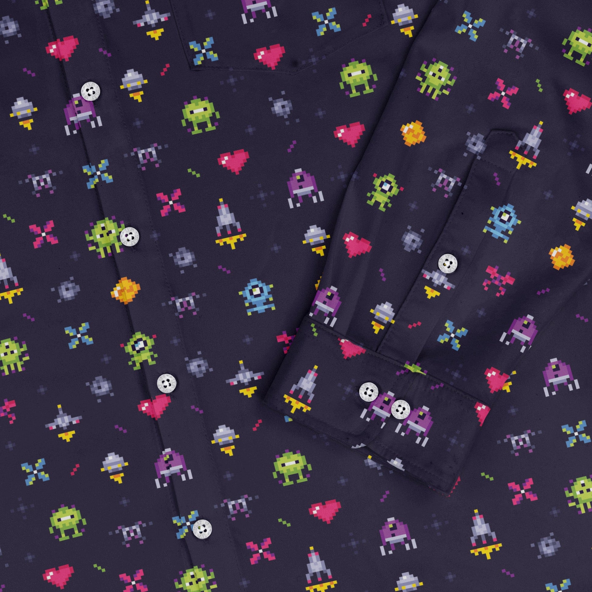 Pixel Art Arcade Video Game Purple Long Sleeve Button Up Shirt Geek Nerd adult sizing FLOW DESC WRITING video game arcade print