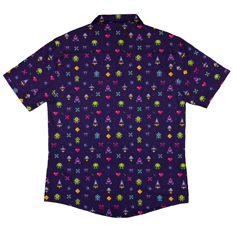 Pixel Art Arcade Video Game Purple Button Up Shirt - adult sizing - video game arcade print -