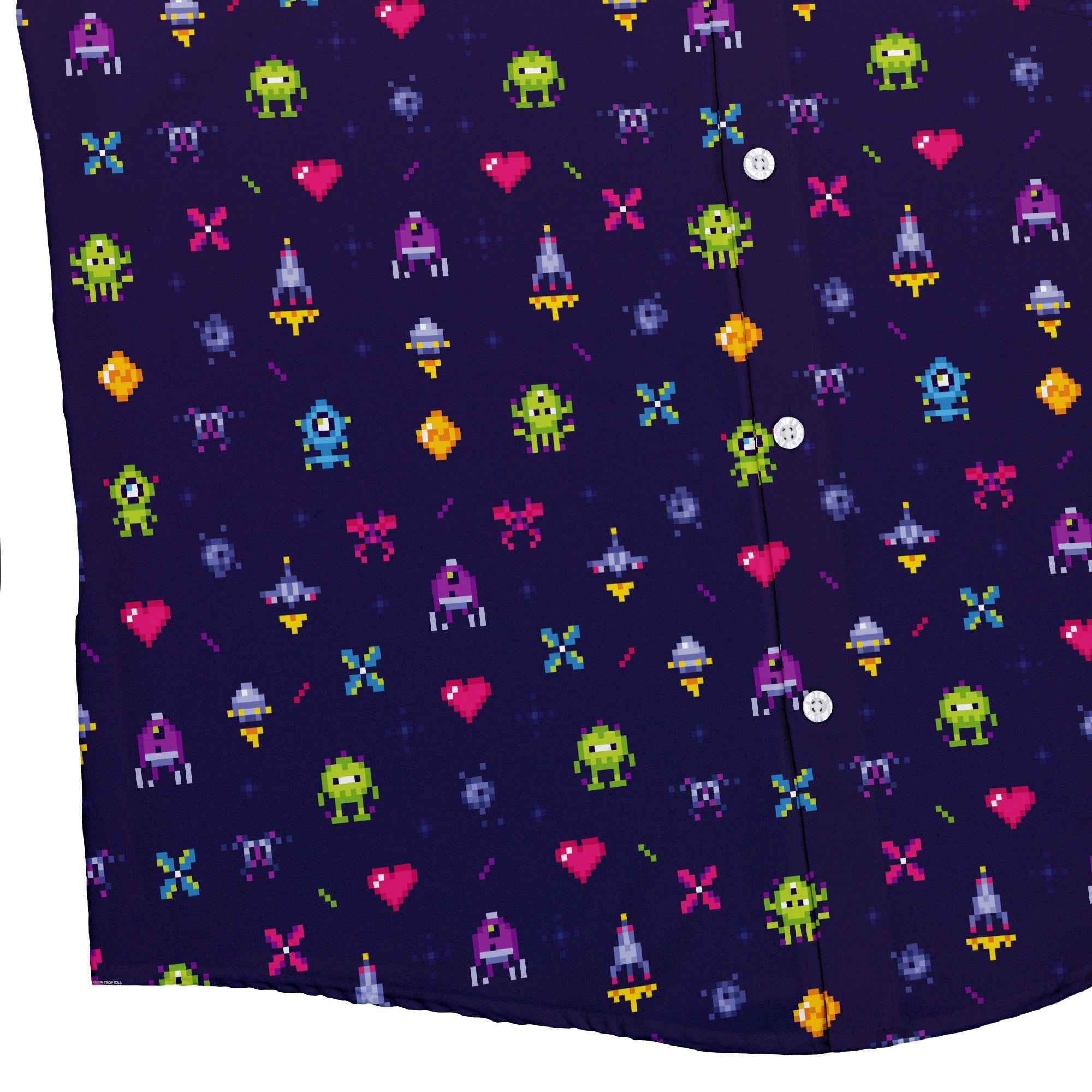 Pixel Art Arcade Video Game Purple Button Up Shirt - adult sizing - video game arcade print -