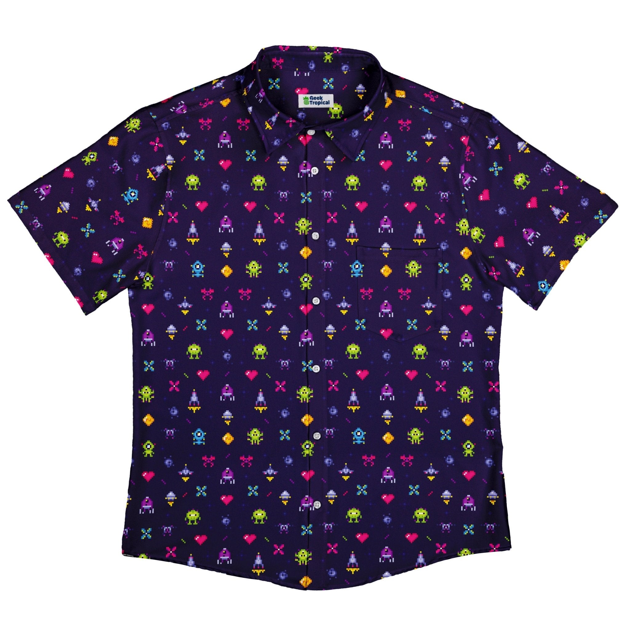 Pixel Art Arcade Video Game Purple Button Up Shirt - adult sizing - video game arcade print -