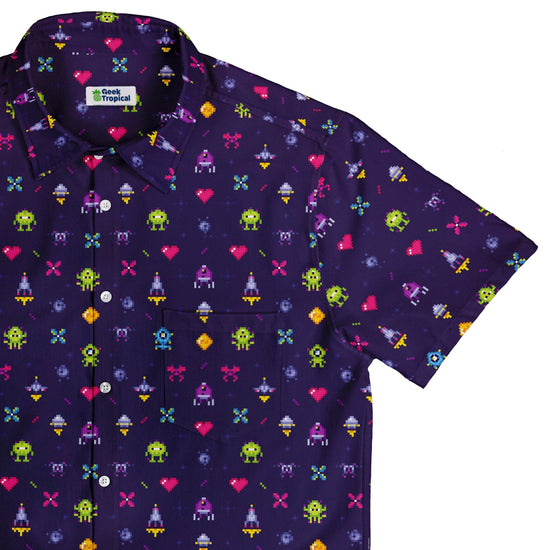 Pixel Art Arcade Video Game Purple Button Up Shirt - adult sizing - video game arcade print -