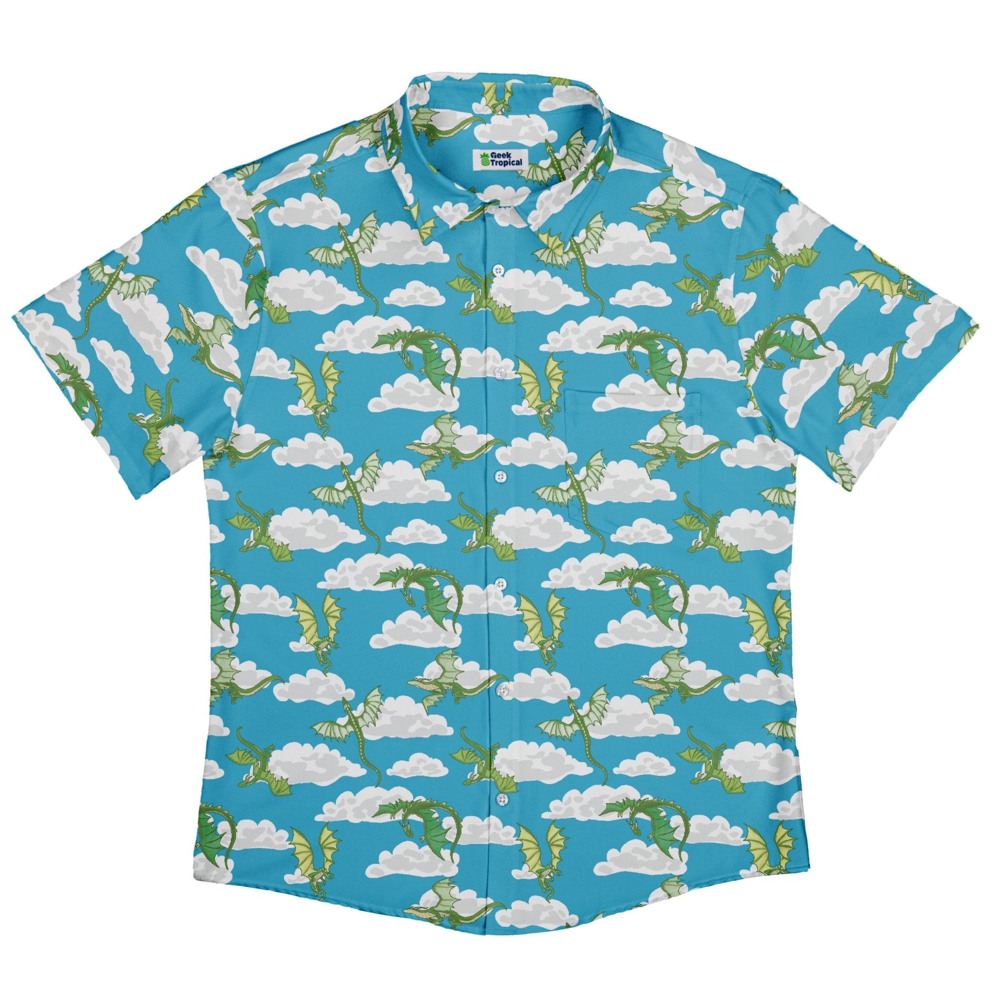 Pixel Dragon Video Game Sky Button Up Shirt Geek Nerd adult sizing Designs by Nathan fantasy prints
