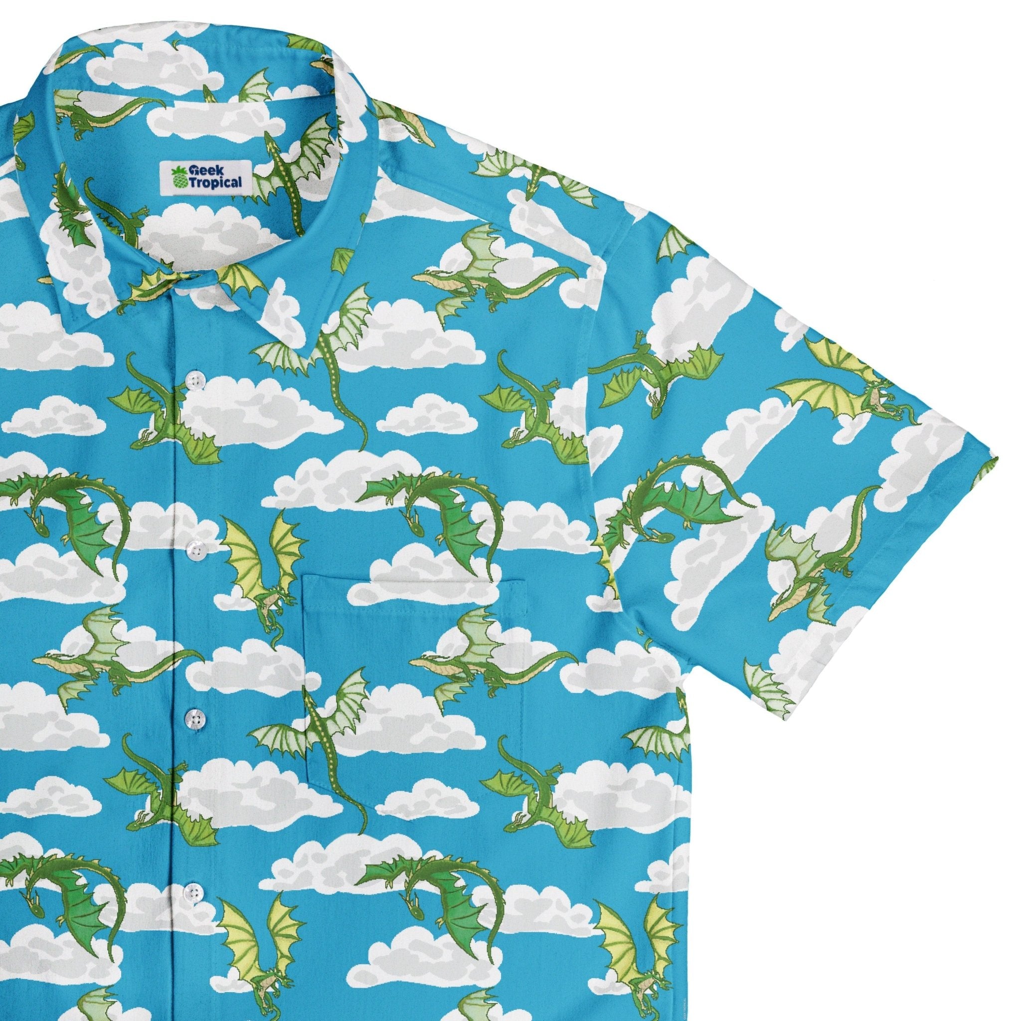 Pixel Dragon Video Game Sky Button Up Shirt Geek Nerd adult sizing Designs by Nathan fantasy prints