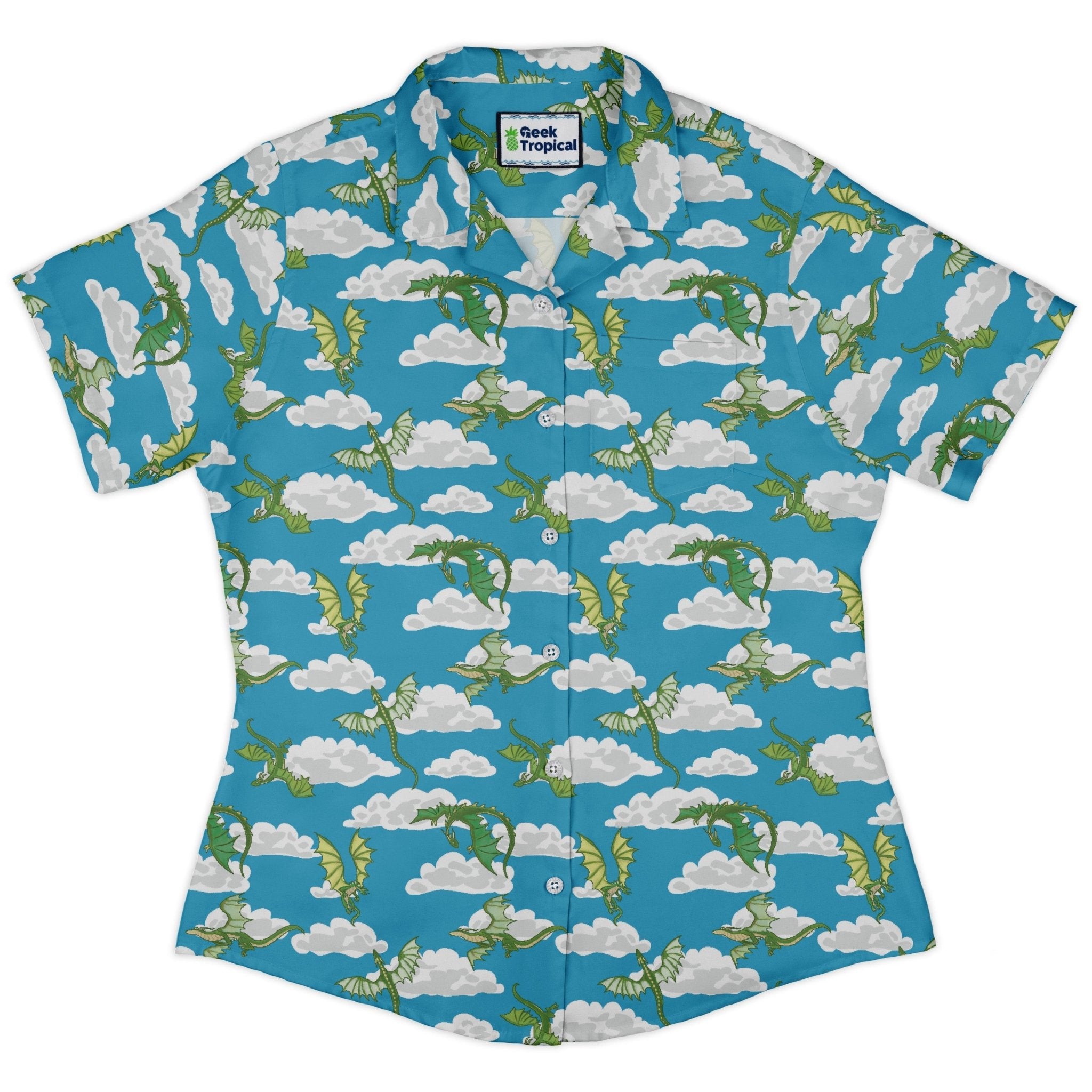 Pixel Dragon Video Game Sky Curvy Button Up Shirt Geek Nerd Designs by Nathan fantasy prints q225