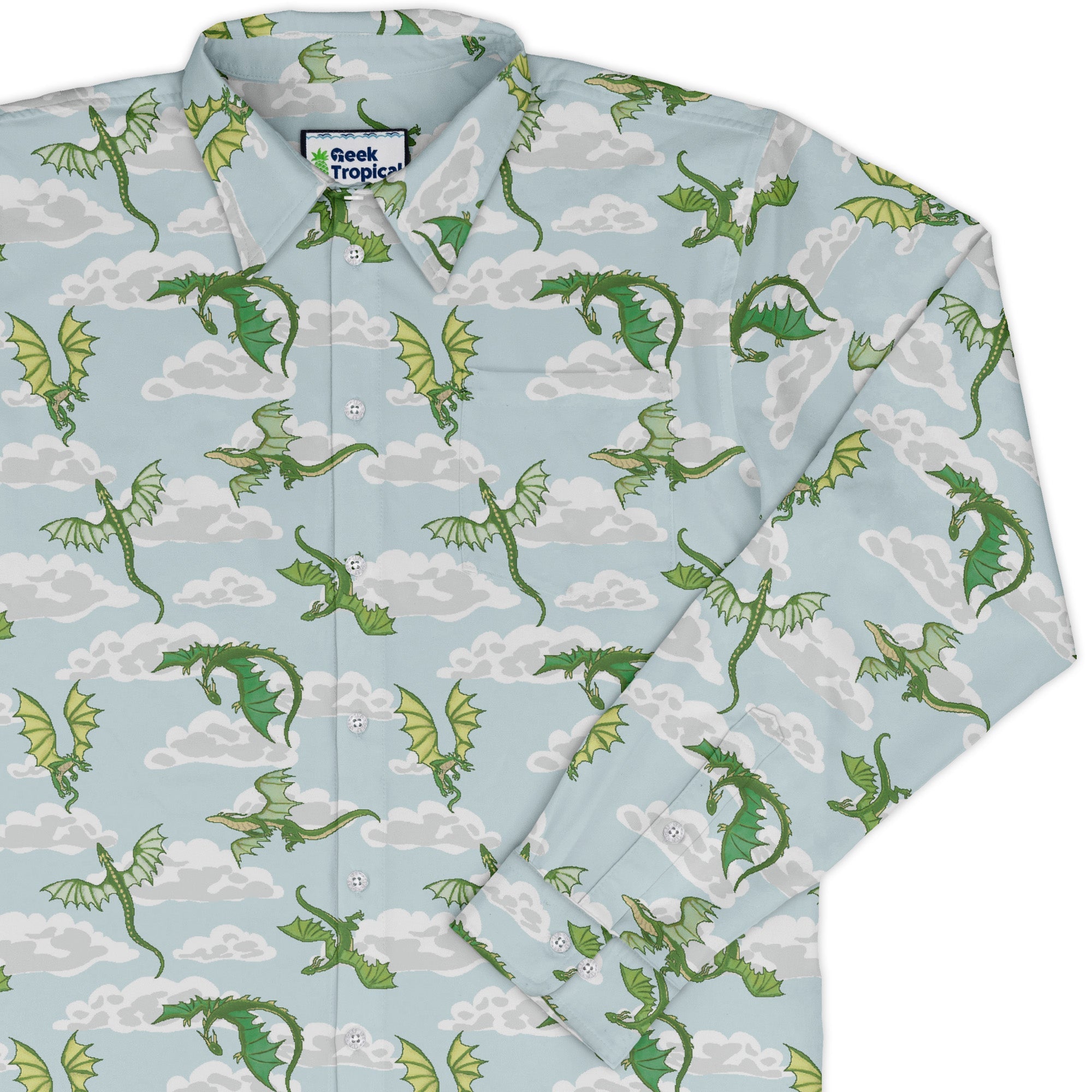 Pixel Dragon Video Game Mist Long Sleeve Button Up Shirt Geek Nerd adult sizing Designs by Nathan fantasy prints
