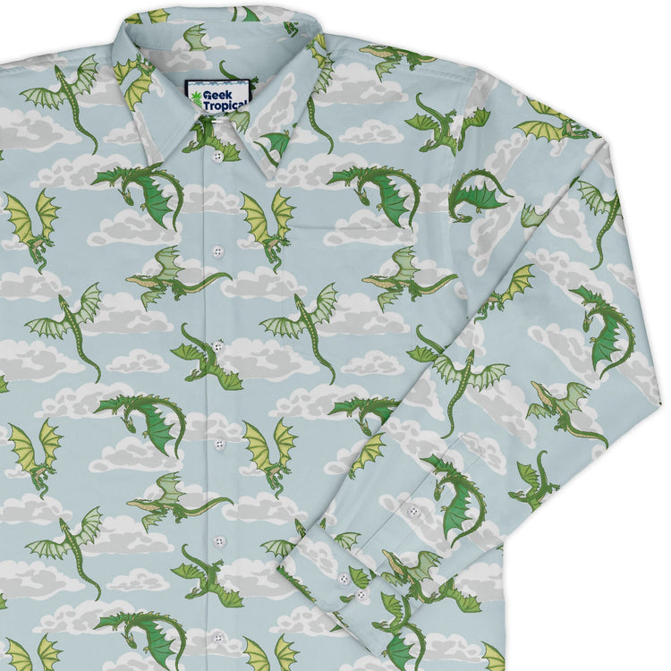 Pixel Dragon Video Game Mist Long Sleeve Button Up Shirt Geek Nerd adult sizing Designs by Nathan fantasy prints