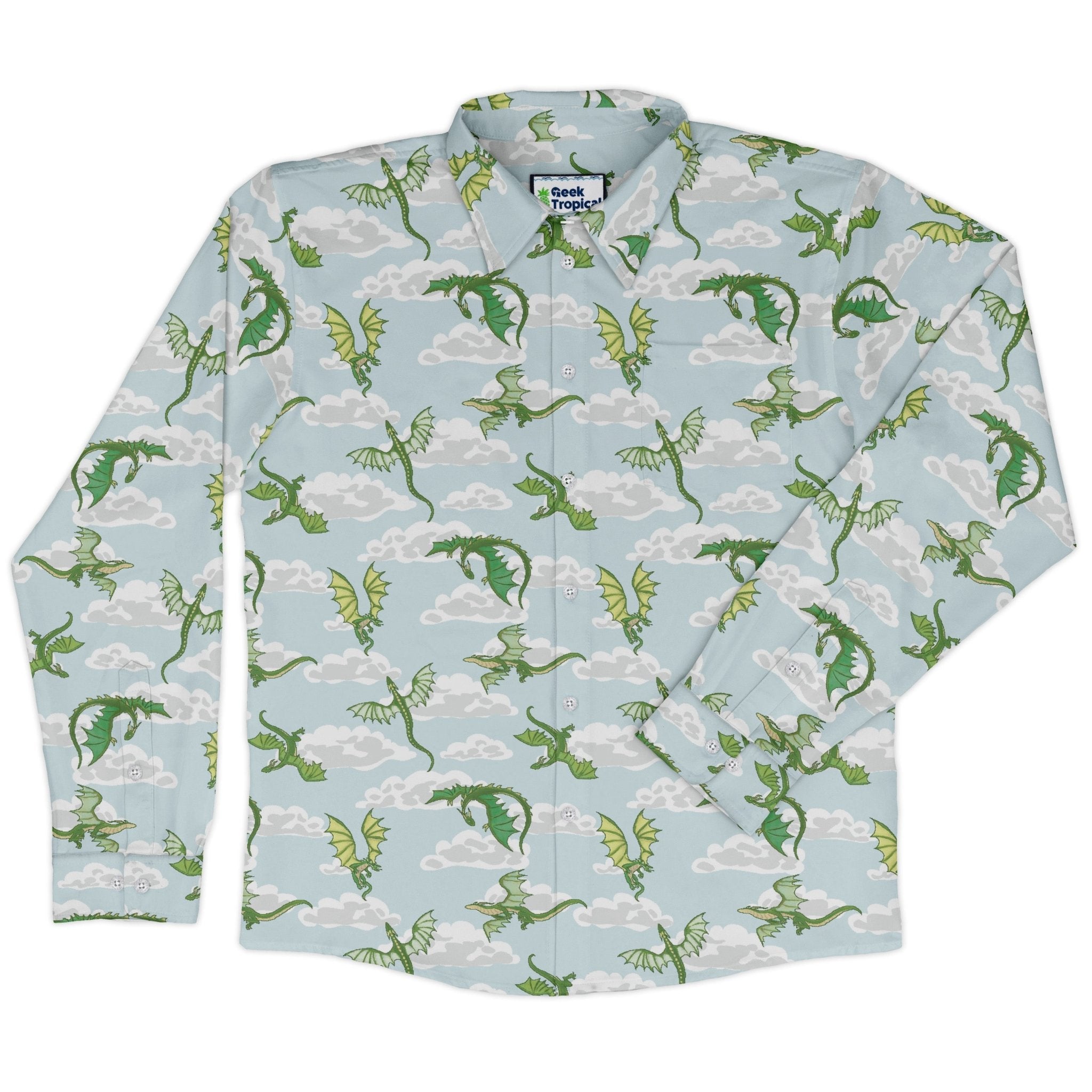 Pixel Dragon Video Game Mist Long Sleeve Button Up Shirt Geek Nerd adult sizing Designs by Nathan fantasy prints