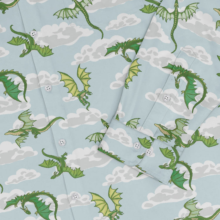 Pixel Dragon Video Game Mist Long Sleeve Button Up Shirt Geek Nerd adult sizing Designs by Nathan fantasy prints