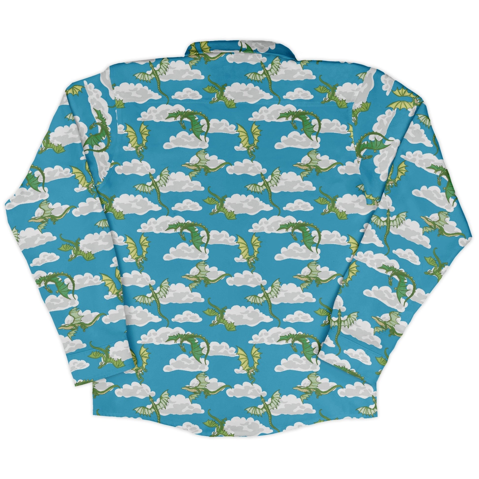 Pixel Dragon Video Game Sky Long Sleeve Button Up Shirt Geek Nerd adult sizing Designs by Nathan fantasy prints