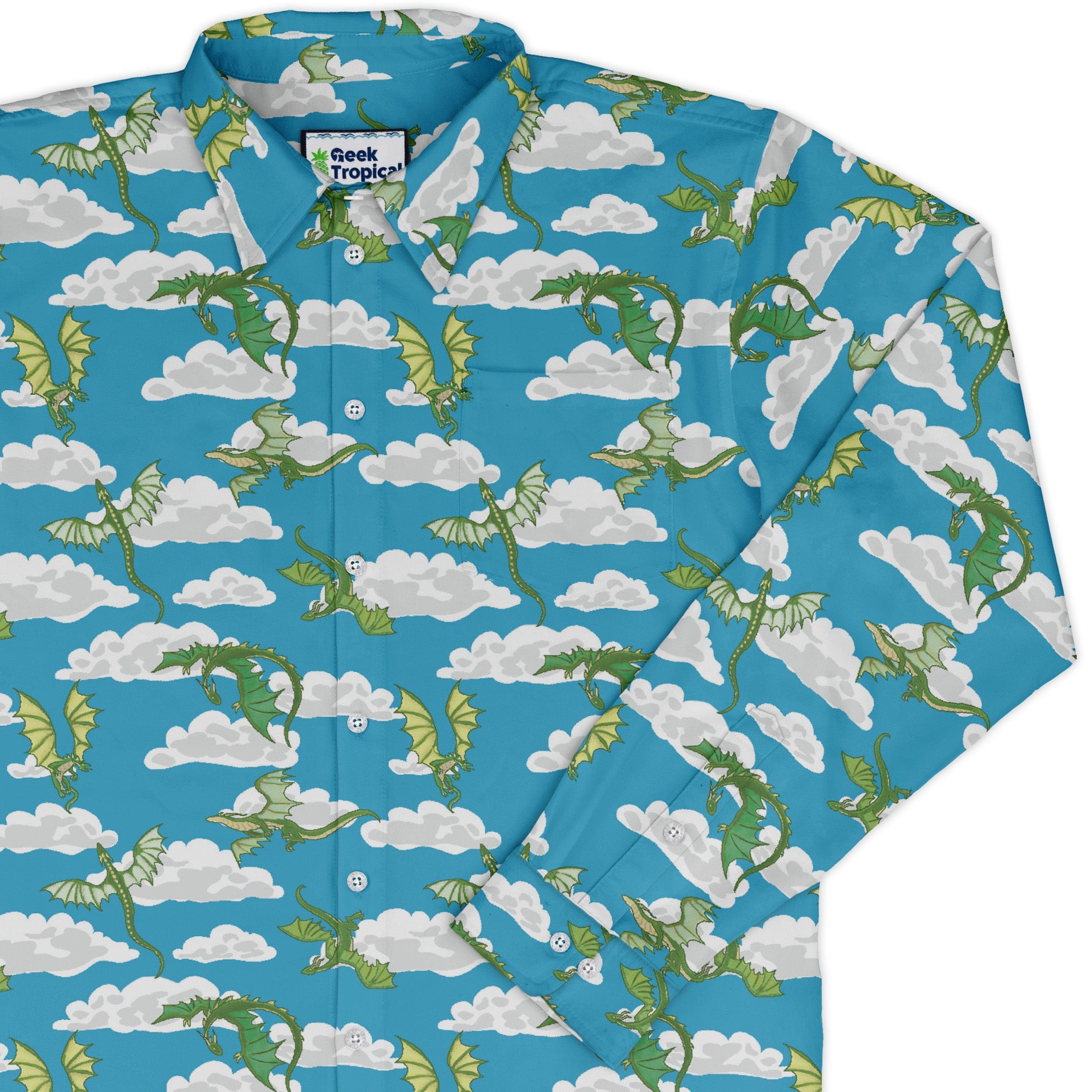 Pixel Dragon Video Game Sky Long Sleeve Button Up Shirt Geek Nerd adult sizing Designs by Nathan fantasy prints