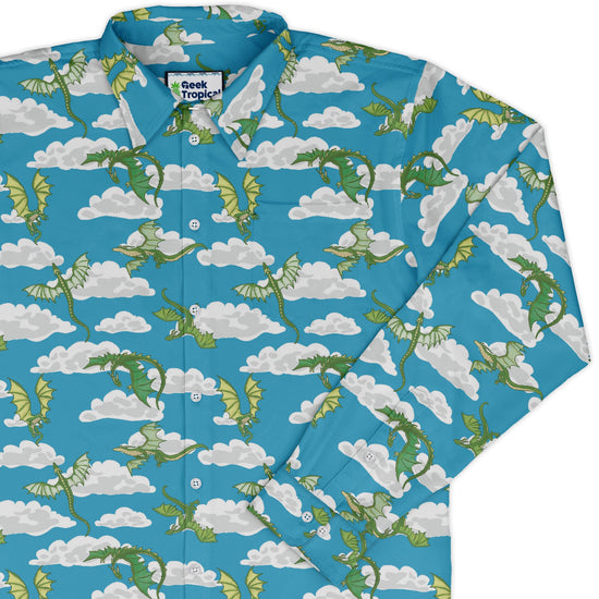 Pixel Dragon Video Game Sky Long Sleeve Button Up Shirt 1