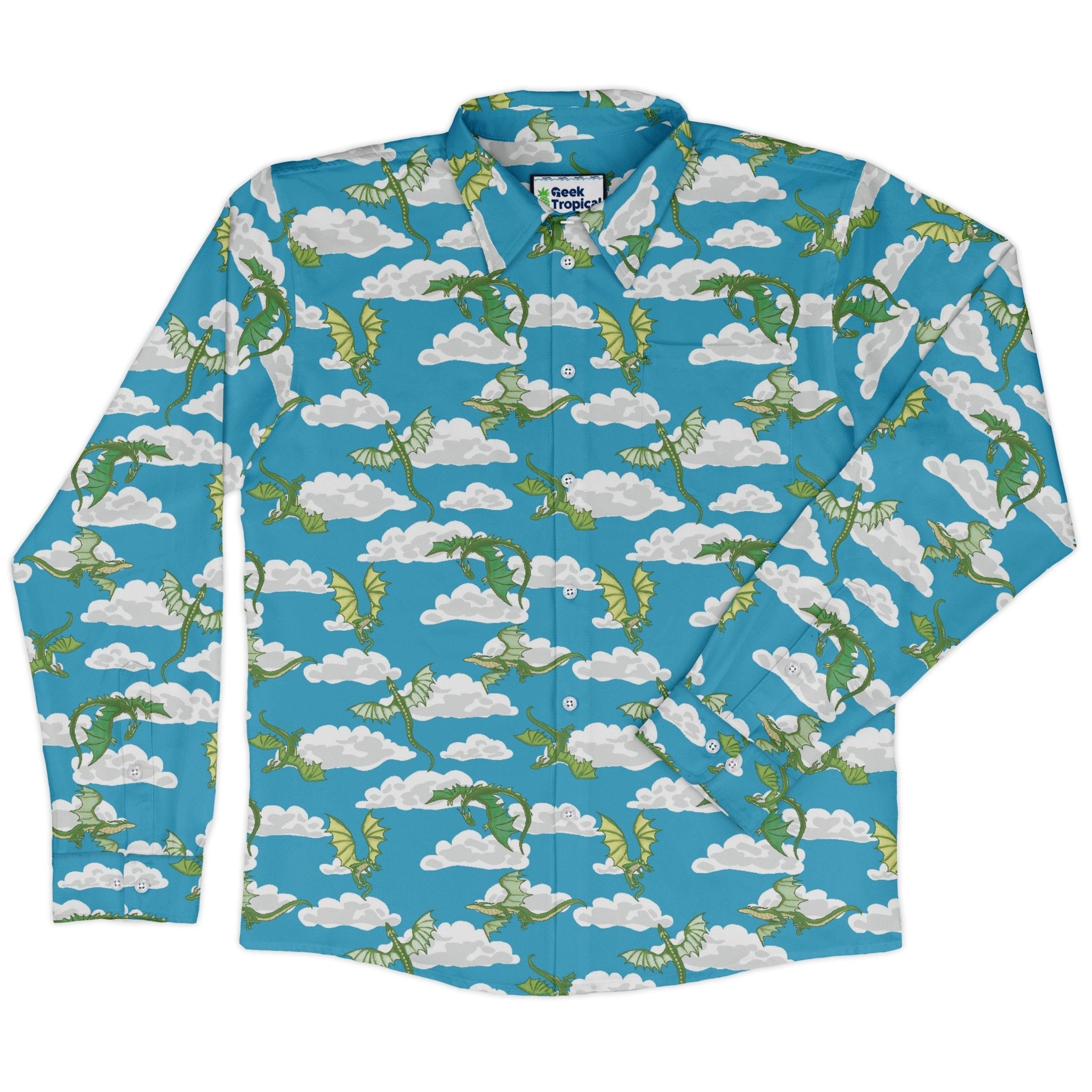 Pixel Dragon Video Game Sky Long Sleeve Button Up Shirt Geek Nerd adult sizing Designs by Nathan fantasy prints