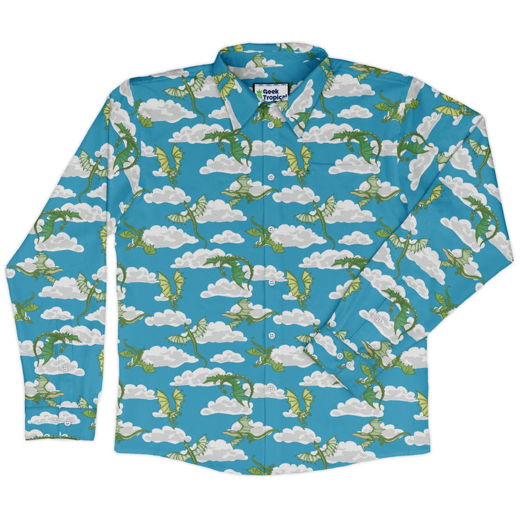 Pixel Dragon Video Game Sky Long Sleeve Button Up Shirt Geek Nerd adult sizing Designs by Nathan fantasy prints