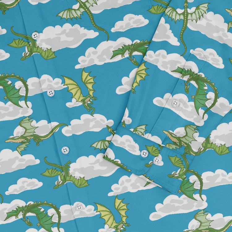 Pixel Dragon Video Game Sky Long Sleeve Button Up Shirt Geek Nerd adult sizing Designs by Nathan fantasy prints