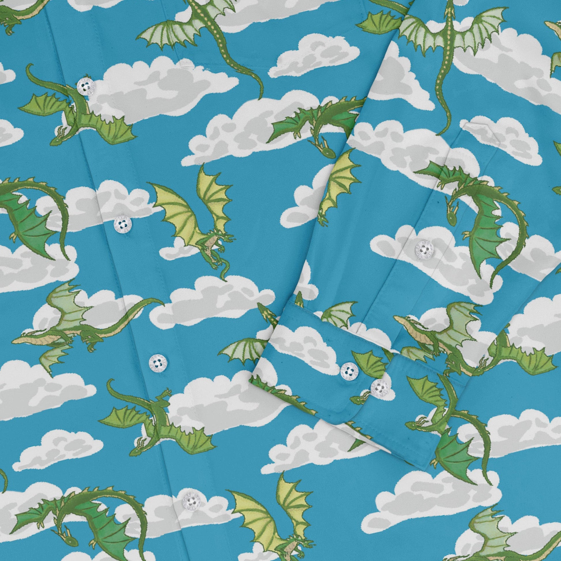 Pixel Dragon Video Game Sky Long Sleeve Button Up Shirt Geek Nerd adult sizing Designs by Nathan fantasy prints