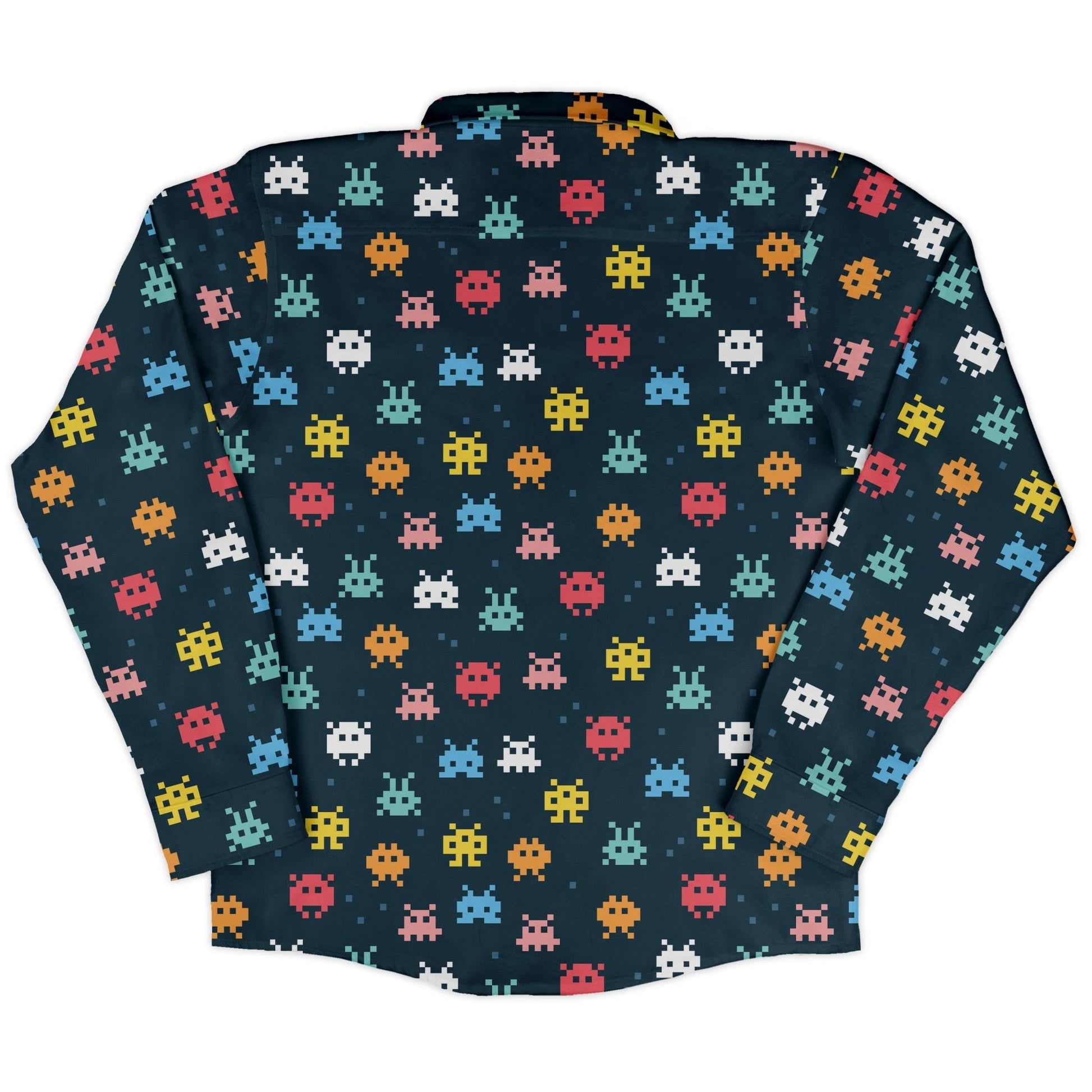 Pixel Monsters Teal Video Game Long Sleeve Button Up Shirt Geek Nerd adult sizing FLOW DESC WRITING video game arcade print