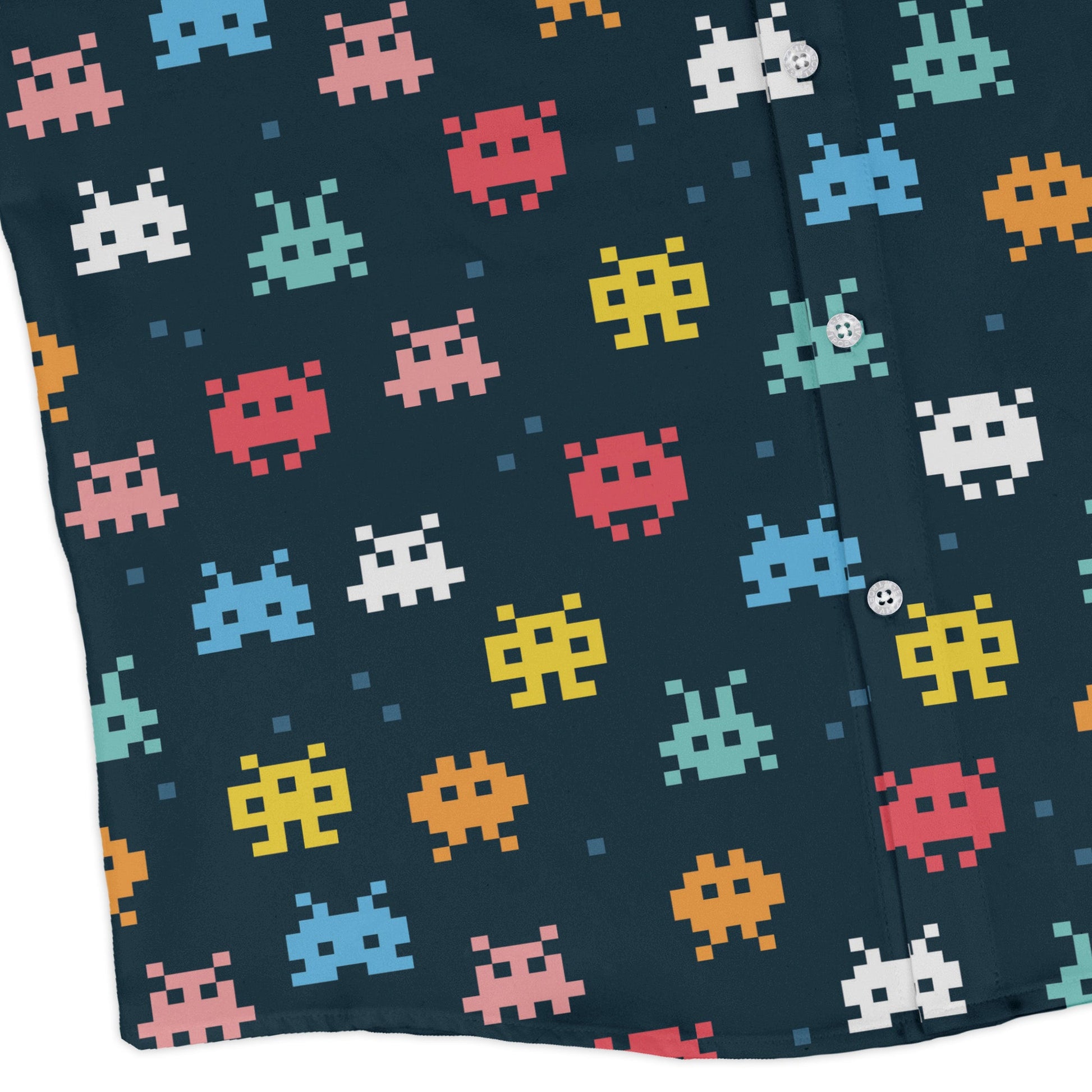 Pixel Monsters Teal Video Game Long Sleeve Button Up Shirt Geek Nerd adult sizing FLOW DESC WRITING video game arcade print