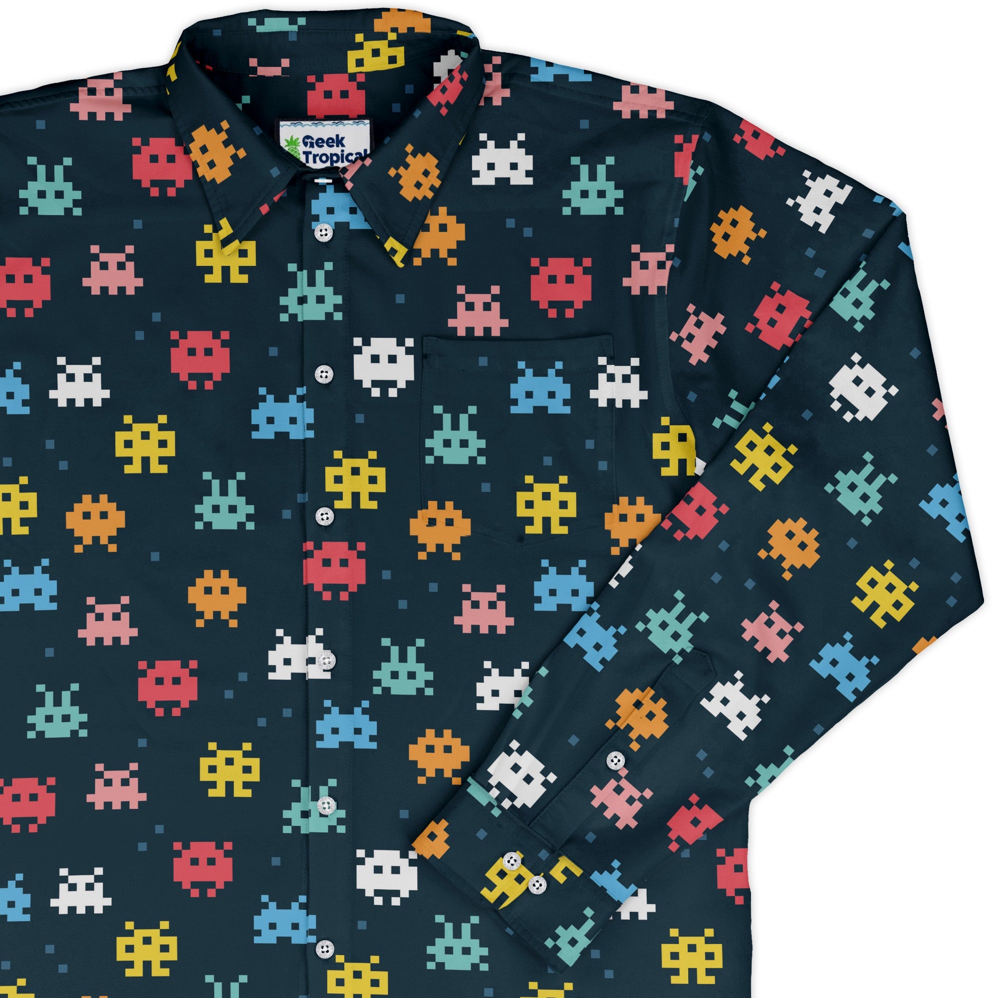 Pixel Monsters Teal Video Game Long Sleeve Button Up Shirt Geek Nerd adult sizing FLOW DESC WRITING video game arcade print