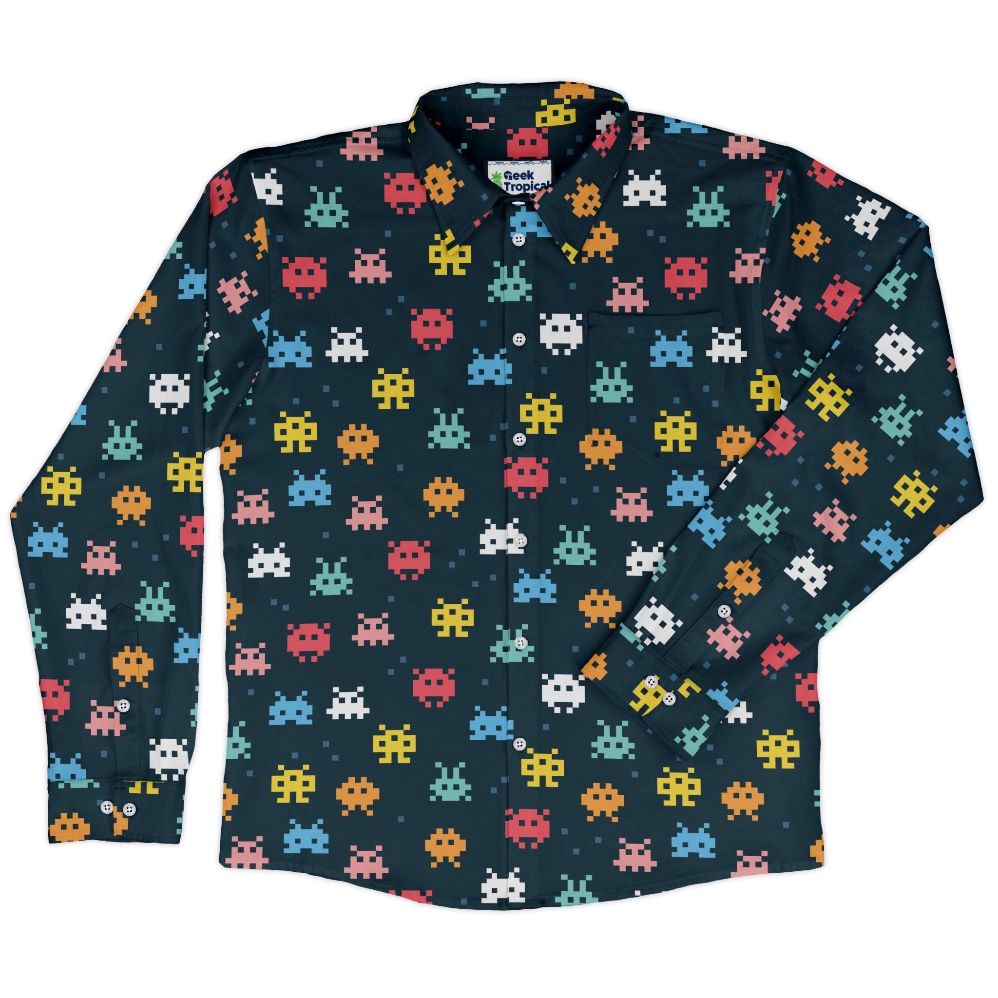 Pixel Monsters Teal Video Game Long Sleeve Button Up Shirt Geek Nerd adult sizing FLOW DESC WRITING video game arcade print