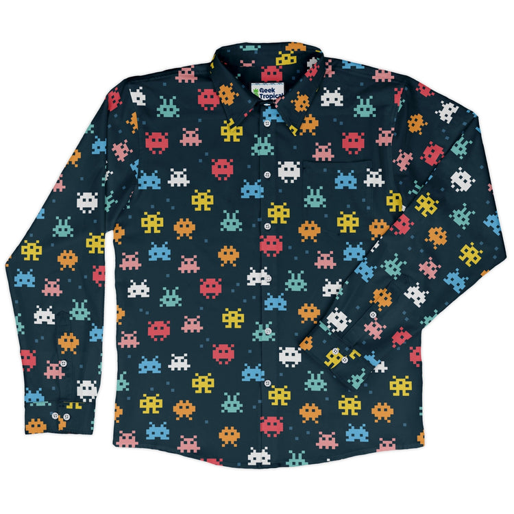 Pixel Monsters Teal Video Game Long Sleeve Button Up Shirt Geek Nerd adult sizing FLOW DESC WRITING video game arcade print