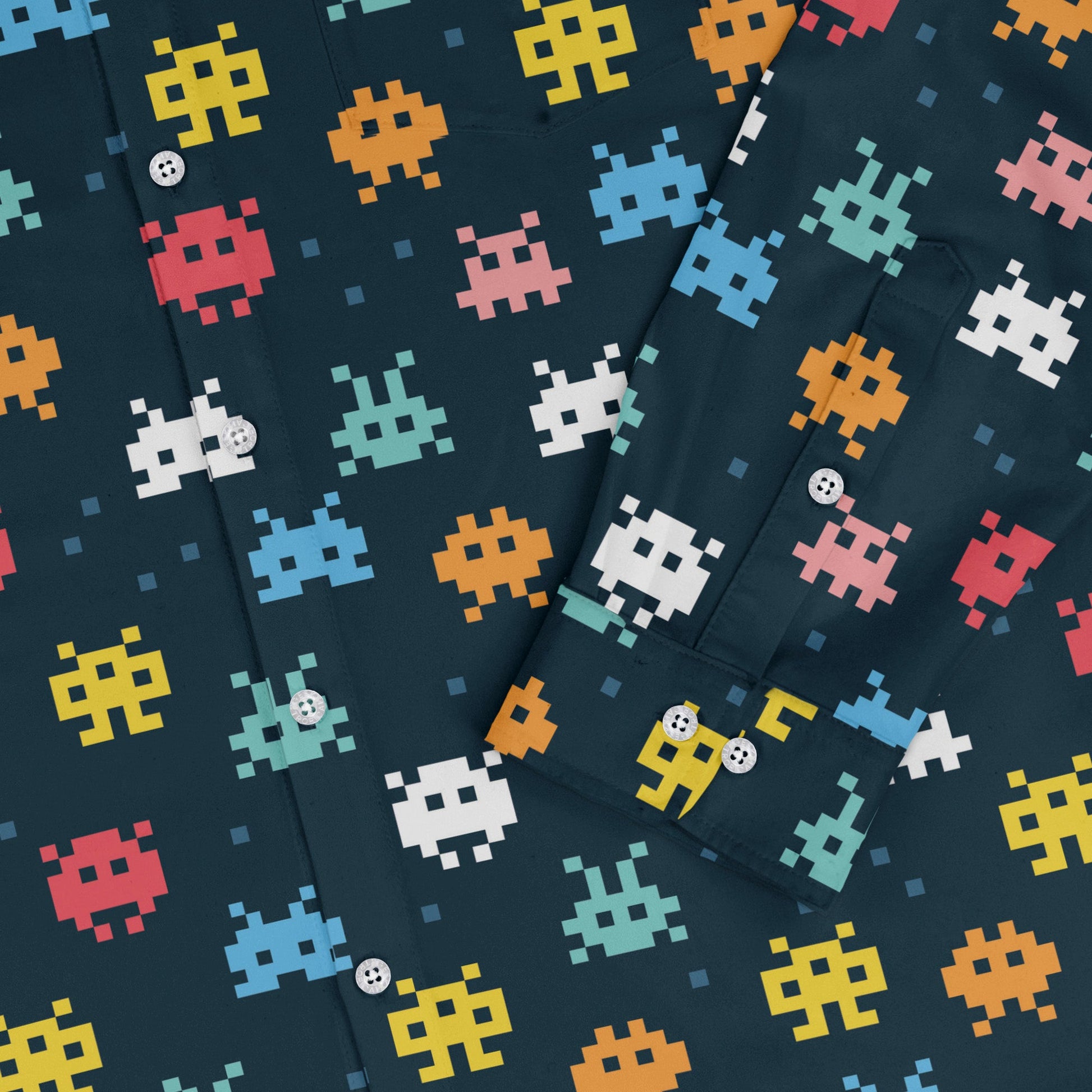 Pixel Monsters Teal Video Game Long Sleeve Button Up Shirt Geek Nerd adult sizing FLOW DESC WRITING video game arcade print