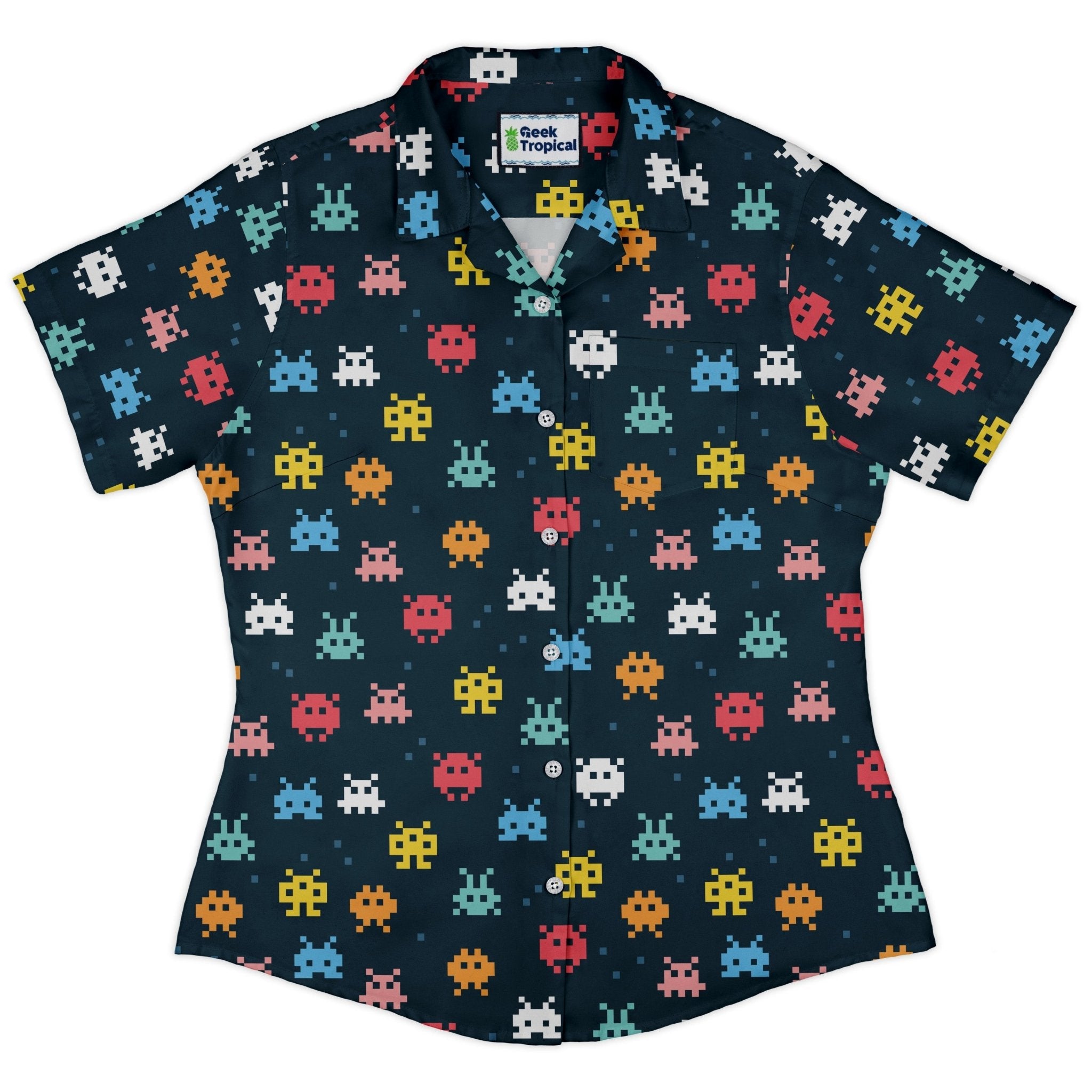 Pixel Monsters Teal Video Game Curvy Button Up Shirt Geek Nerd video game arcade print women