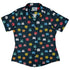 Pixel Monsters Teal Video Game Curvy Button Up Shirt Geek Nerd video game arcade print women