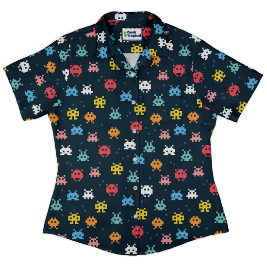 Pixel Monsters Teal Video Game Curvy Button Up Shirt Geek Nerd video game arcade print women
