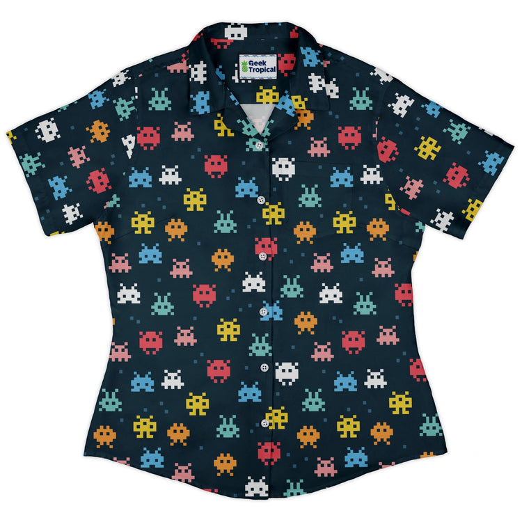 Pixel Monsters Teal Video Game Curvy Button Up Shirt Geek Nerd video game arcade print women