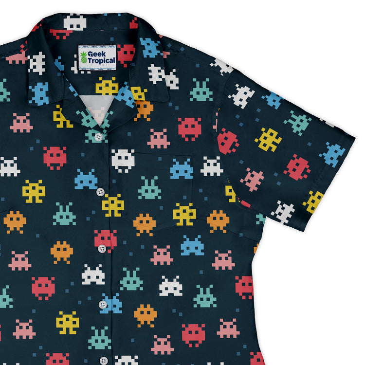 Pixel Monsters Teal Video Game Curvy Button Up Shirt Geek Nerd video game arcade print women