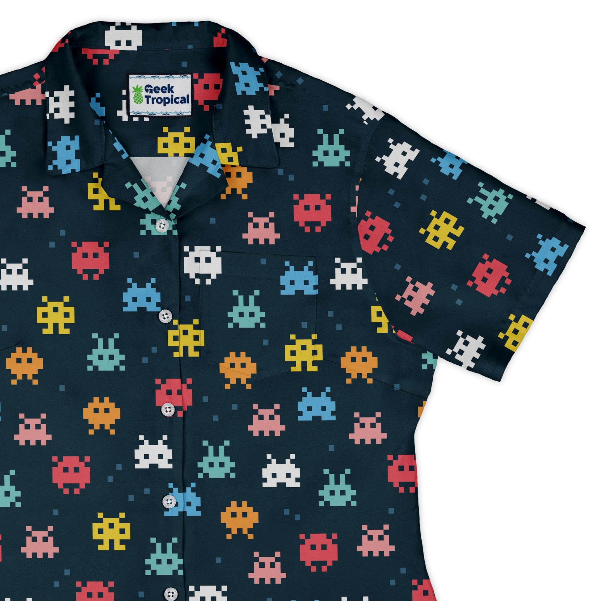 Pixel Monsters Teal Video Game Curvy Button Up Shirt Geek Nerd video game arcade print women