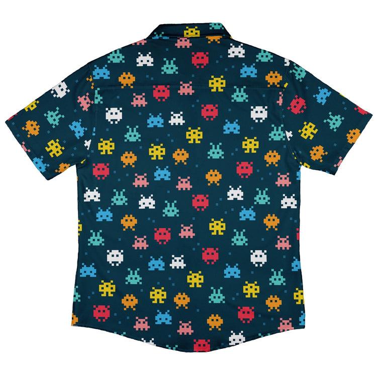 Pixel Monsters Teal Video Game Button Up Shirt - adult sizing - video game arcade print -