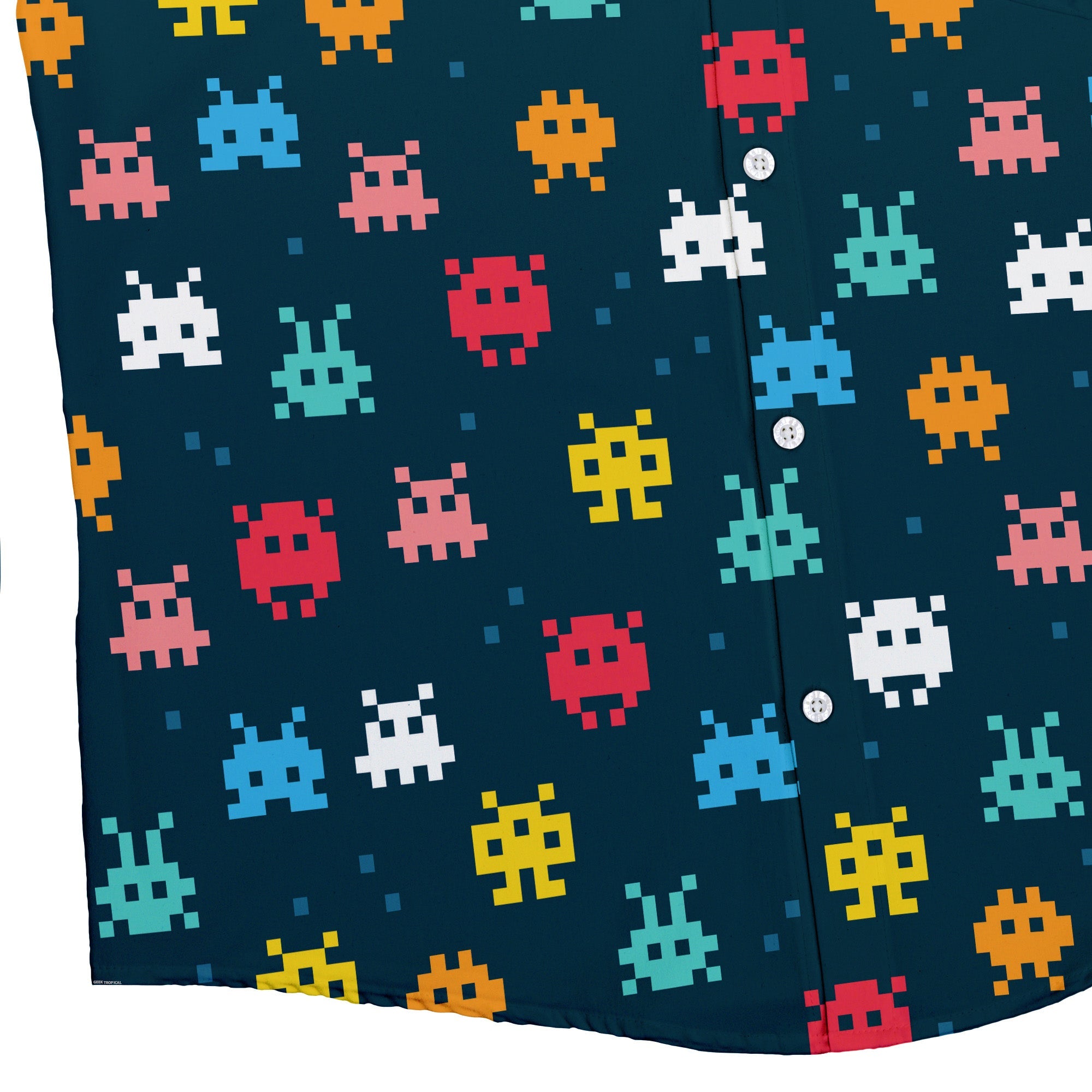 Pixel Monsters Teal Video Game Button Up Shirt - adult sizing - video game arcade print -