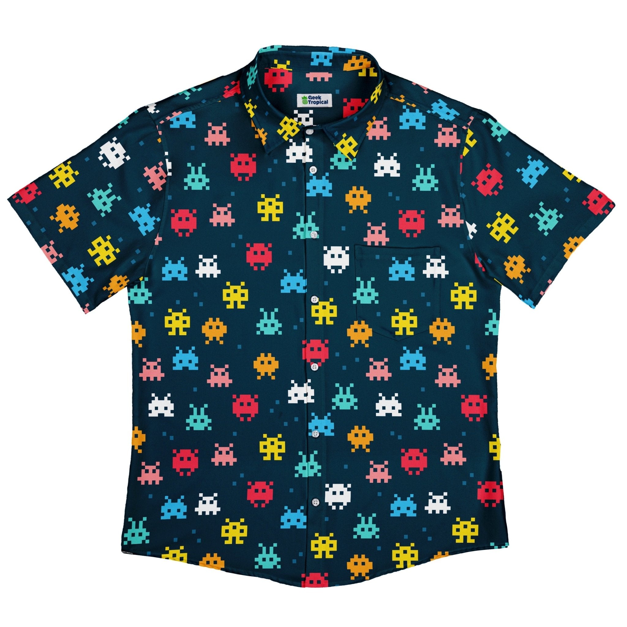 Pixel Monsters Teal Video Game Button Up Shirt - adult sizing - video game arcade print -