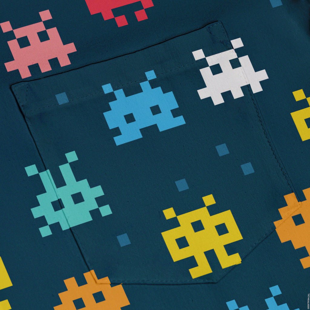 Pixel Monsters Teal Video Game Button Up Shirt - adult sizing - video game arcade print -