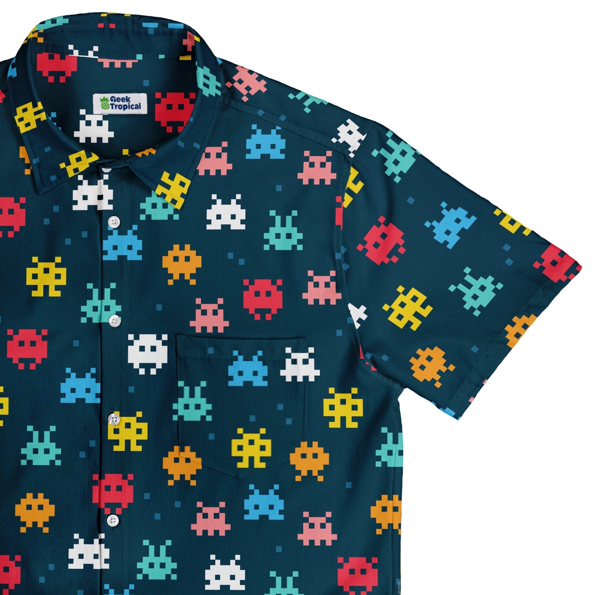 Pixel Monsters Teal Video Game Button Up Shirt - adult sizing - video game arcade print -