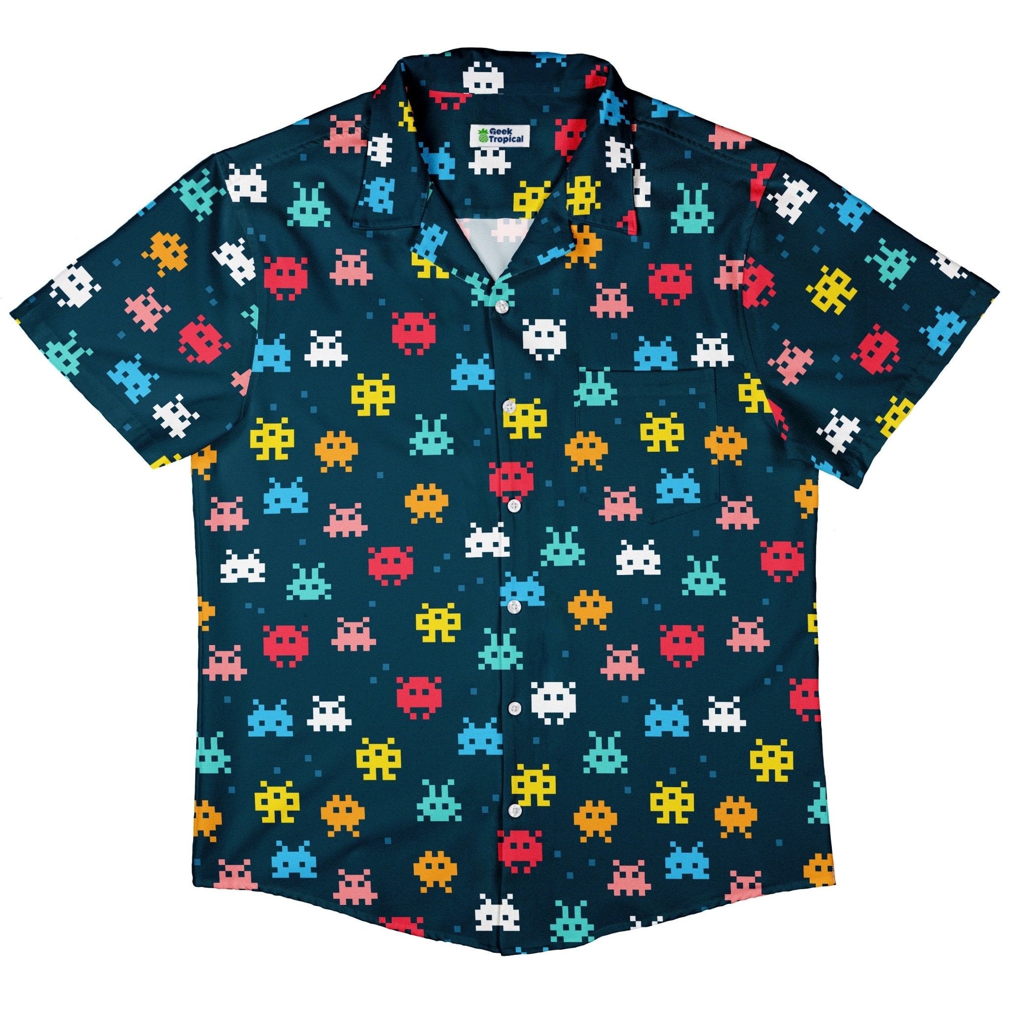 Pixel Monsters Teal Video Game Button Up Shirt - adult sizing - video game arcade print -
