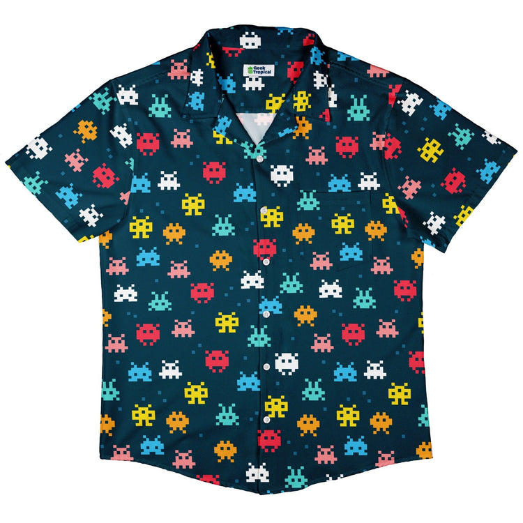 Pixel Monsters Teal Video Game Button Up Shirt - adult sizing - video game arcade print -