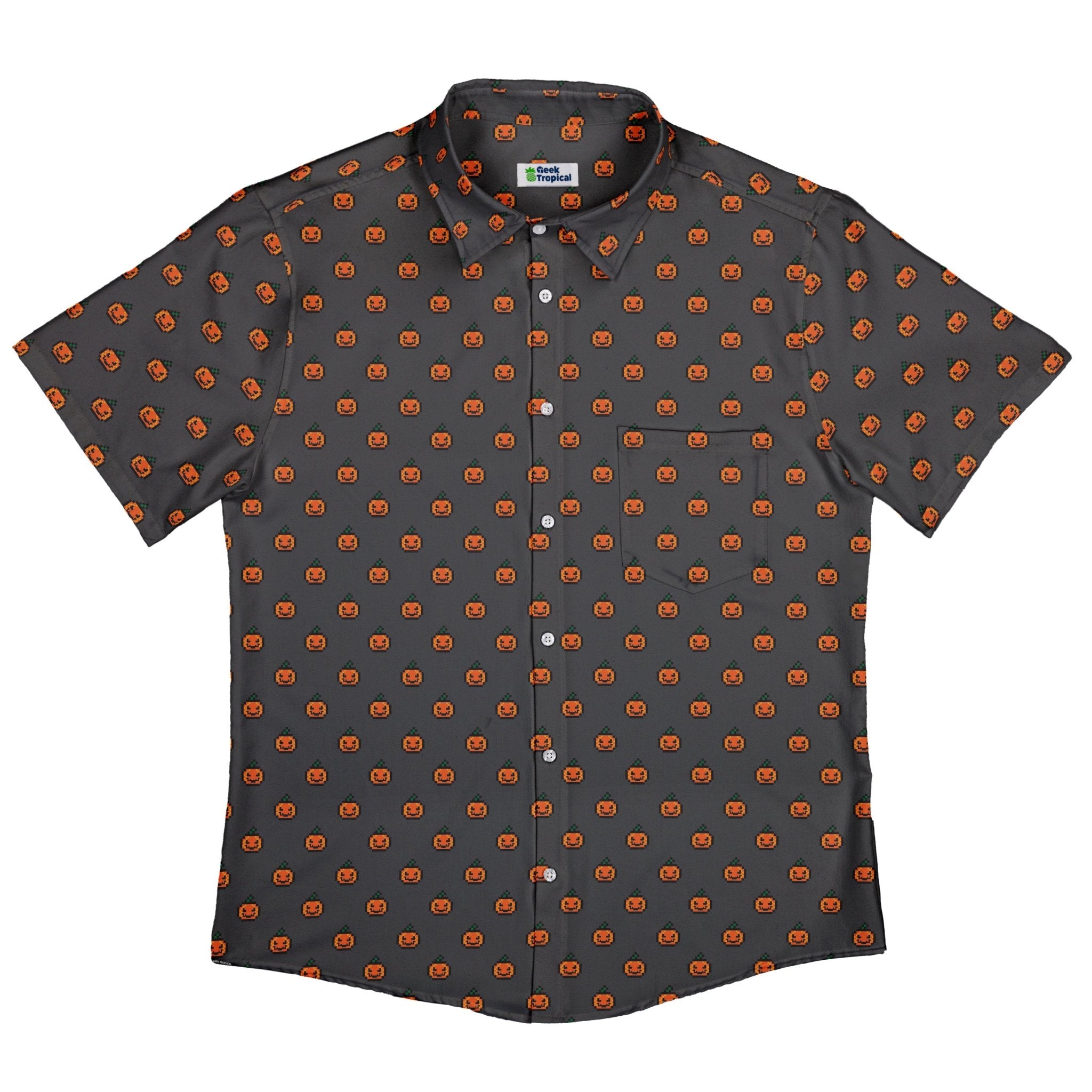 Pixel Pumpkins Button Up Shirt Geek Nerd adult sizing Design by Heather Davenport halloween
