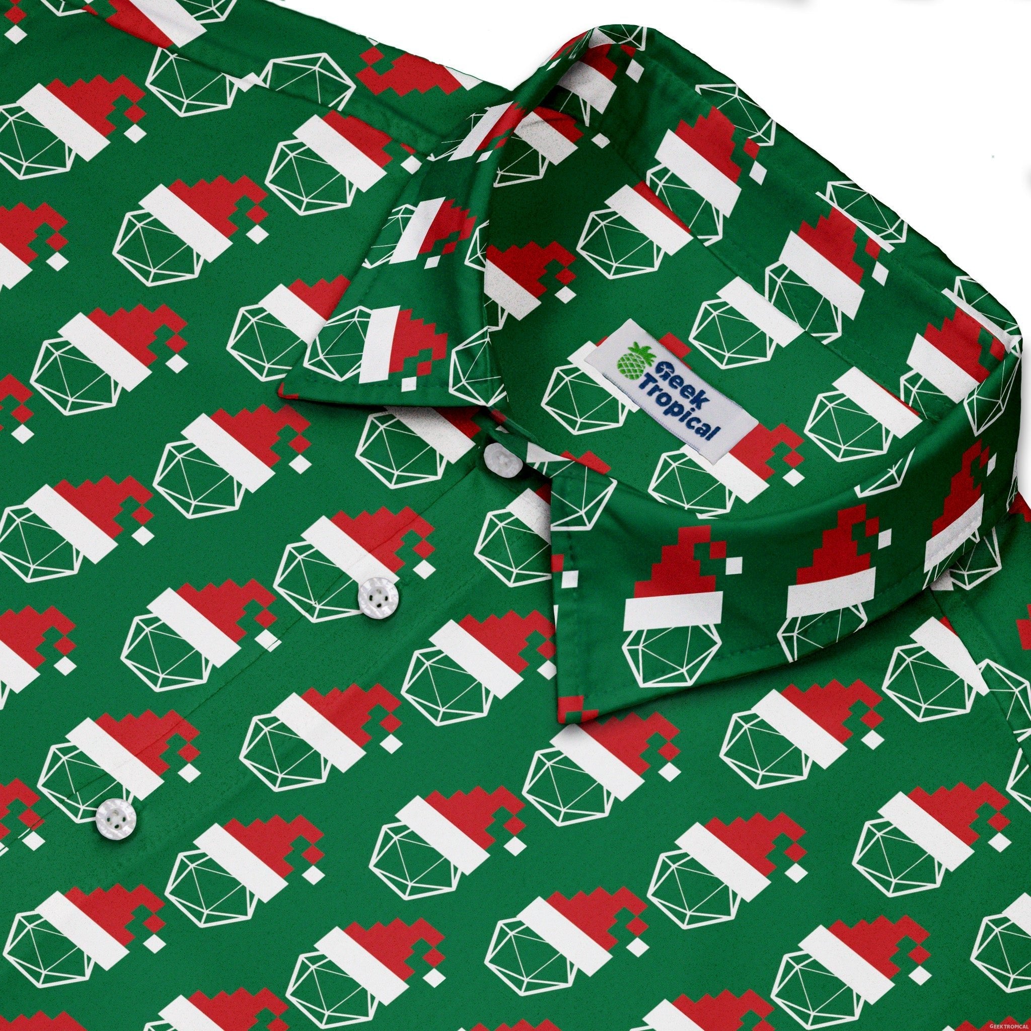 Pixel Santa Hats Dice Button Up Shirt Geek Nerd adult sizing Christmas Print Design by Heather Davenport