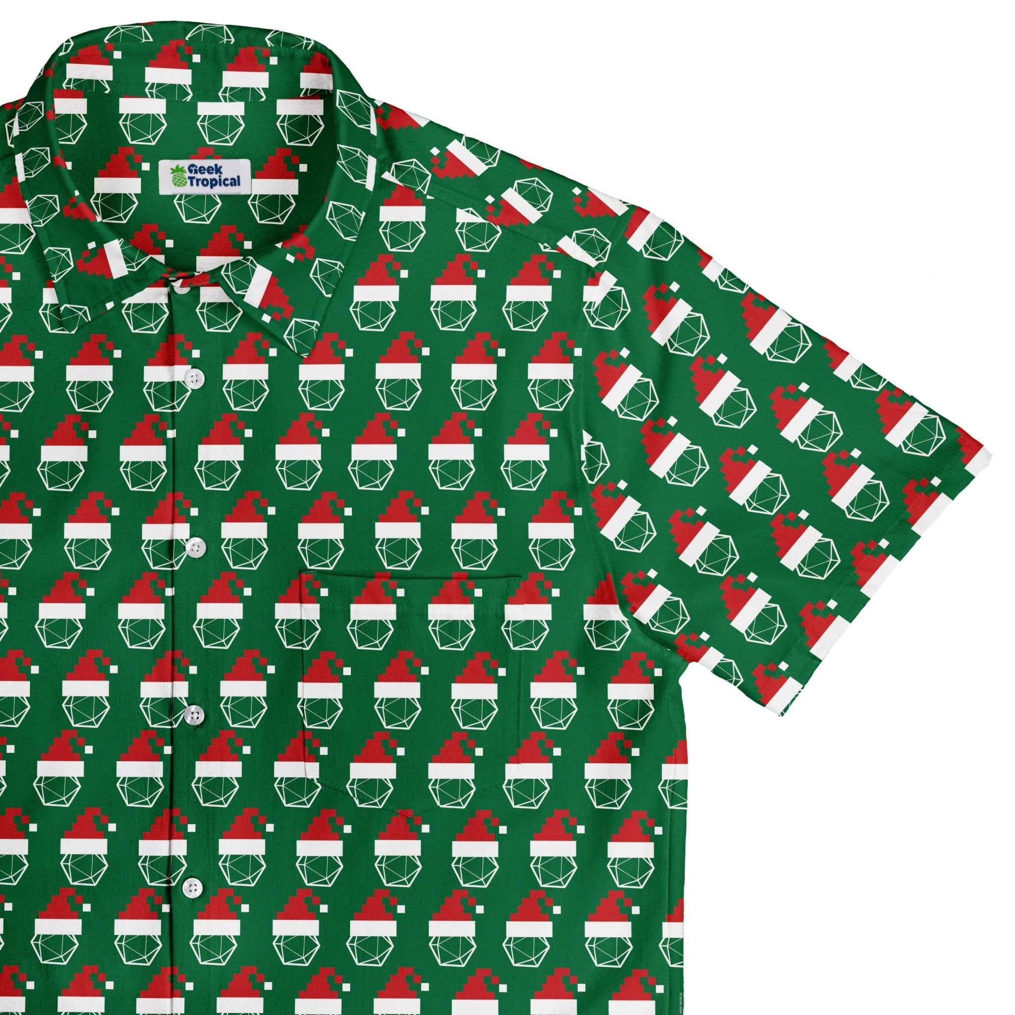 Pixel Santa Hats Dice Button Up Shirt Geek Nerd adult sizing Christmas Print Design by Heather Davenport