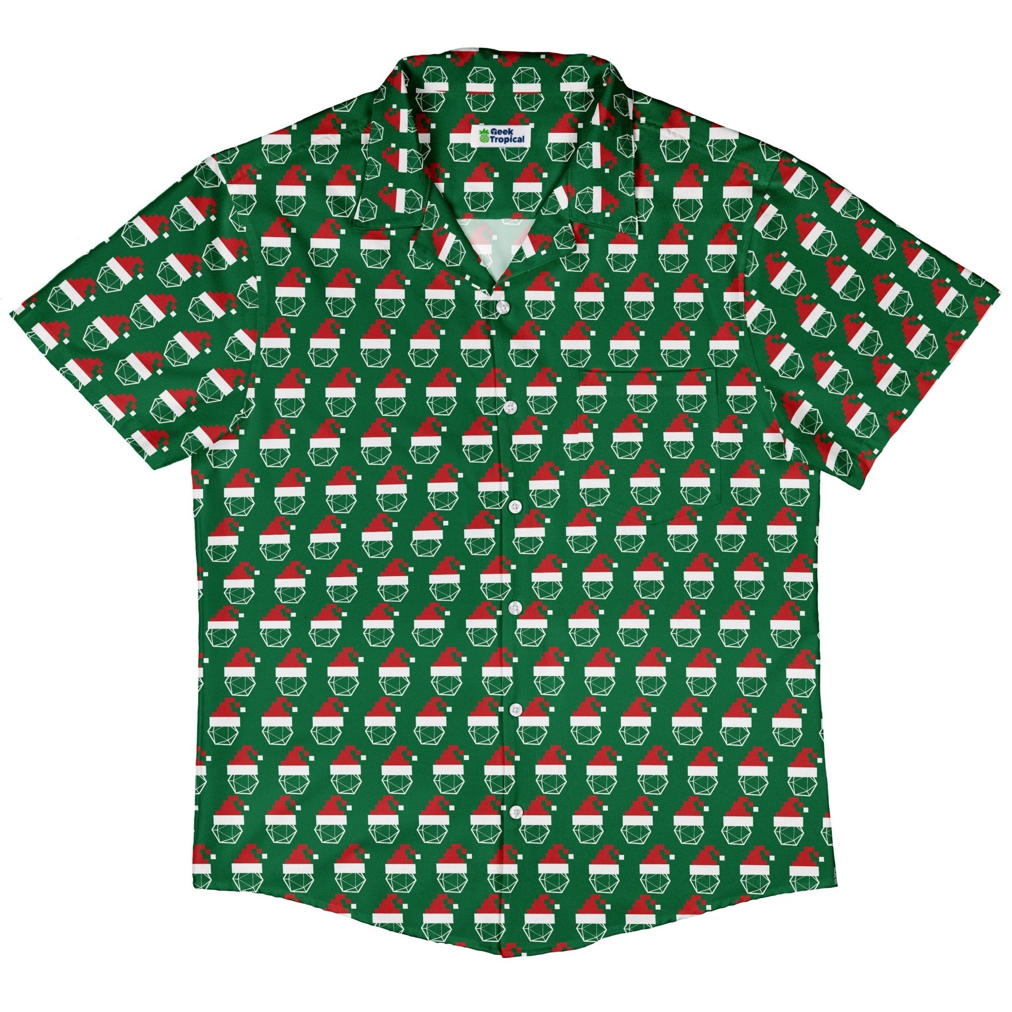 Pixel Santa Hats Dice Button Up Shirt Geek Nerd adult sizing Christmas Print Design by Heather Davenport