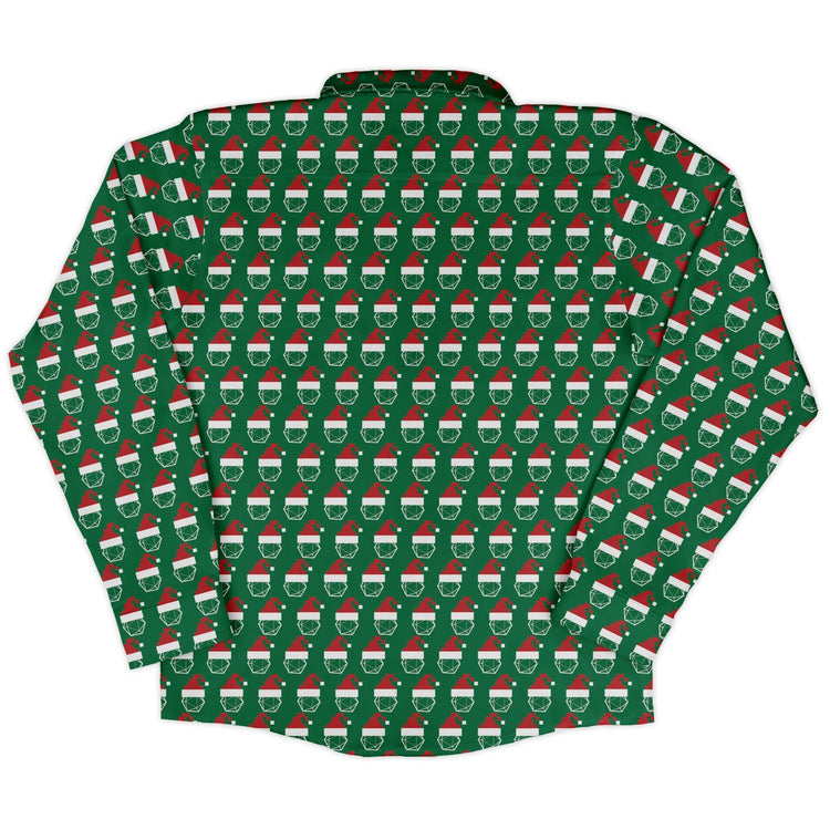 Pixel Santa Hats Dice Long Sleeve Button Up Shirt Geek Nerd adult sizing Christmas Print Design by Heather Davenport