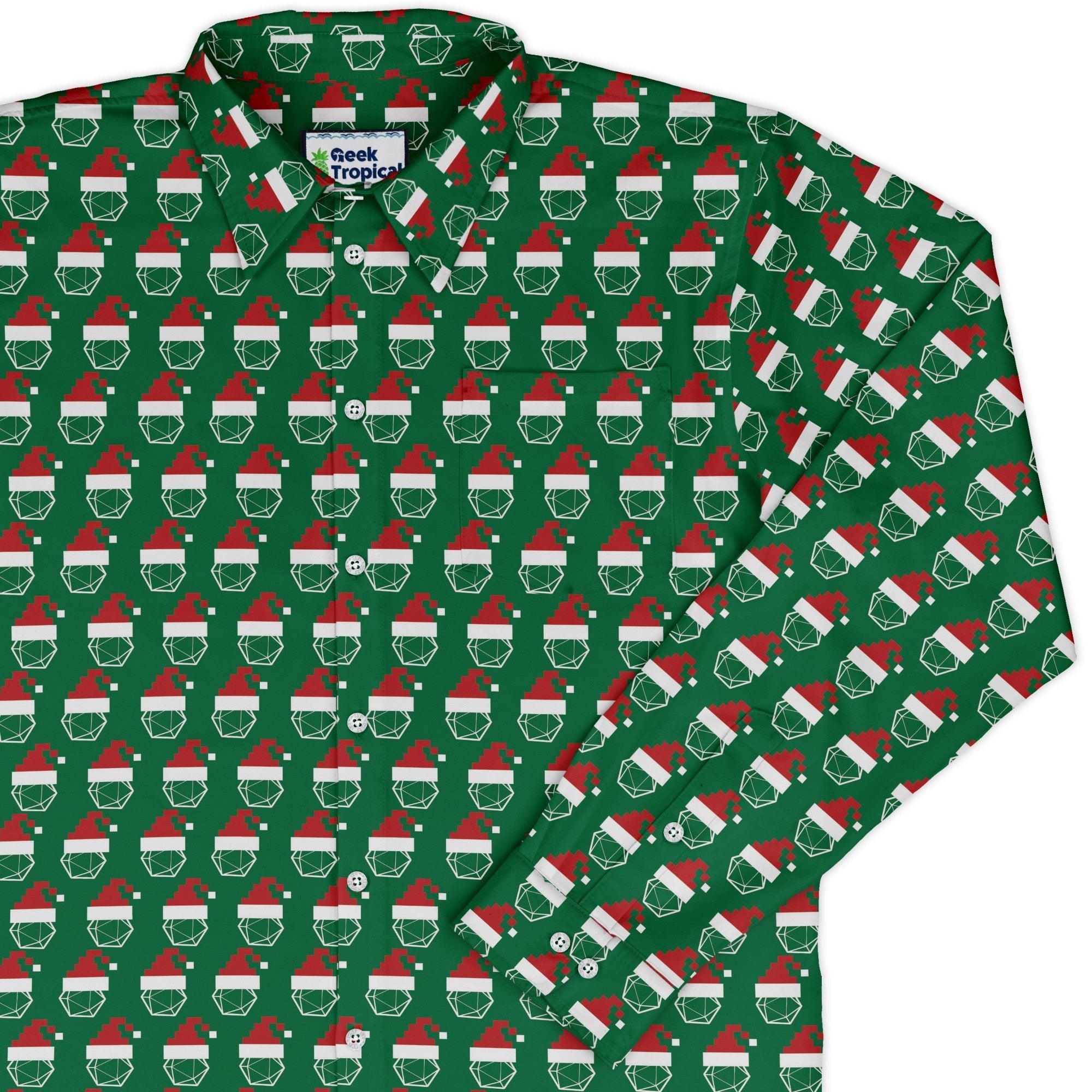 Pixel Santa Hats Dice Long Sleeve Button Up Shirt Geek Nerd adult sizing Christmas Print Design by Heather Davenport