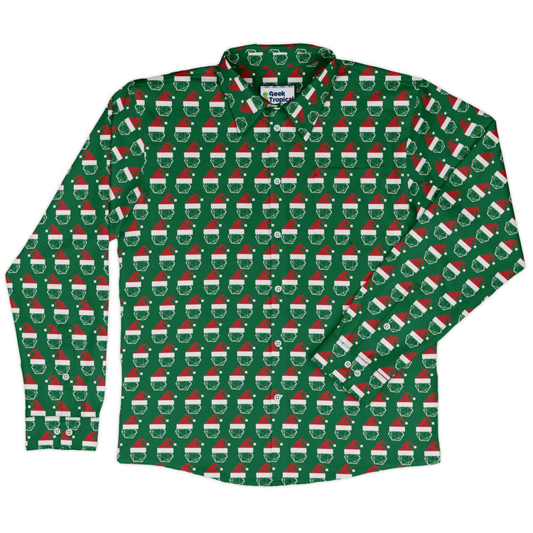 Pixel Santa Hats Dice Long Sleeve Button Up Shirt Geek Nerd adult sizing Christmas Print Design by Heather Davenport