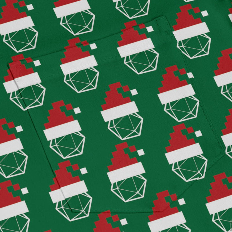 Pixel Santa Hats Dice Long Sleeve Button Up Shirt Geek Nerd adult sizing Christmas Print Design by Heather Davenport