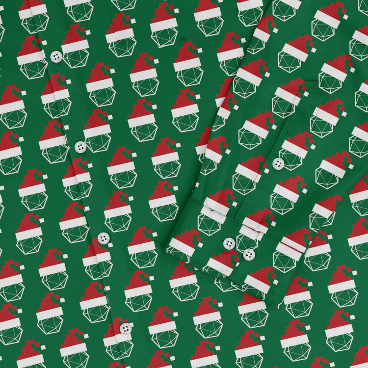 Pixel Santa Hats Dice Long Sleeve Button Up Shirt Geek Nerd adult sizing Christmas Print Design by Heather Davenport