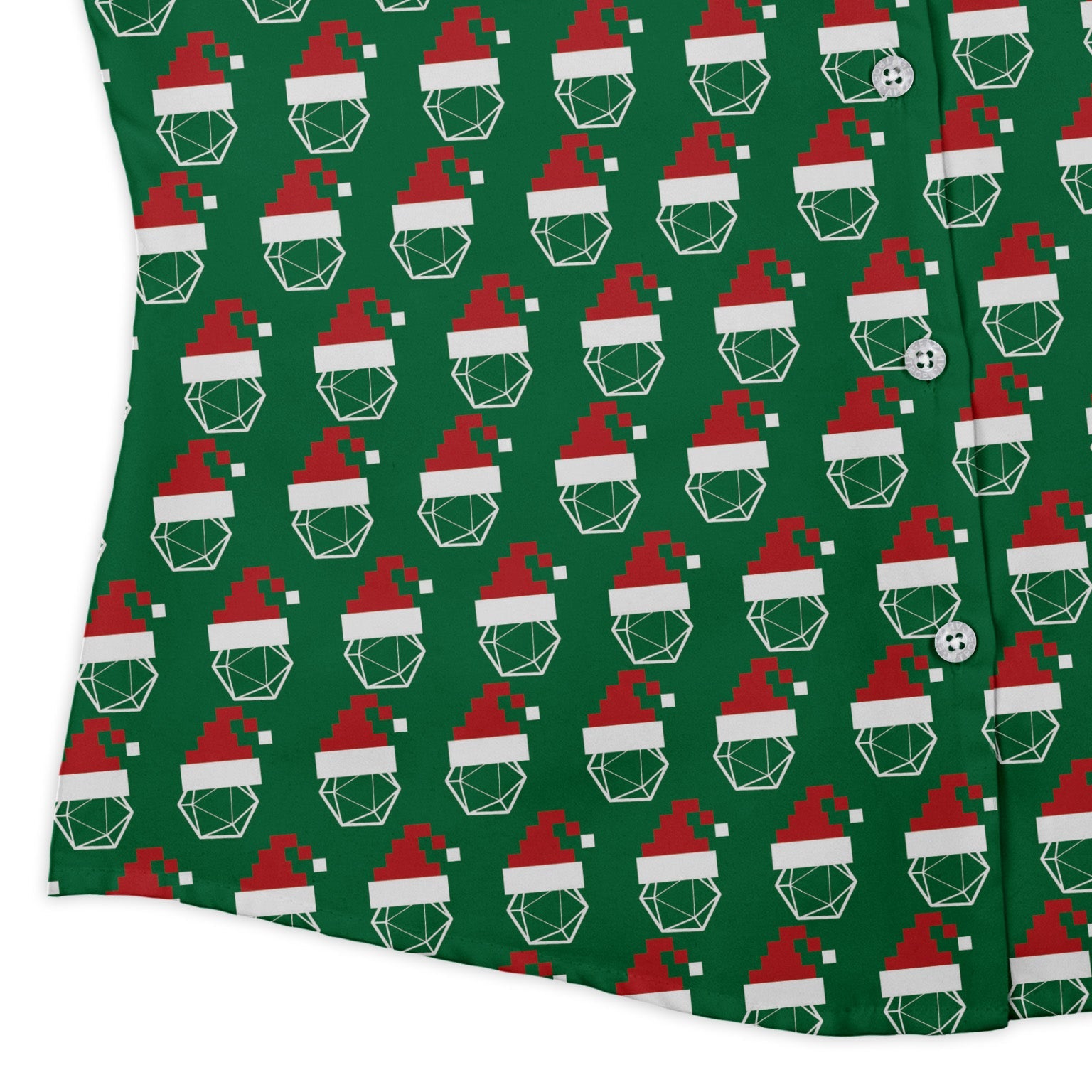 Pixel Santa Hats Dice Curvy Button Up Shirt Geek Nerd Christmas Print Design by Heather Davenport dnd & rpg print