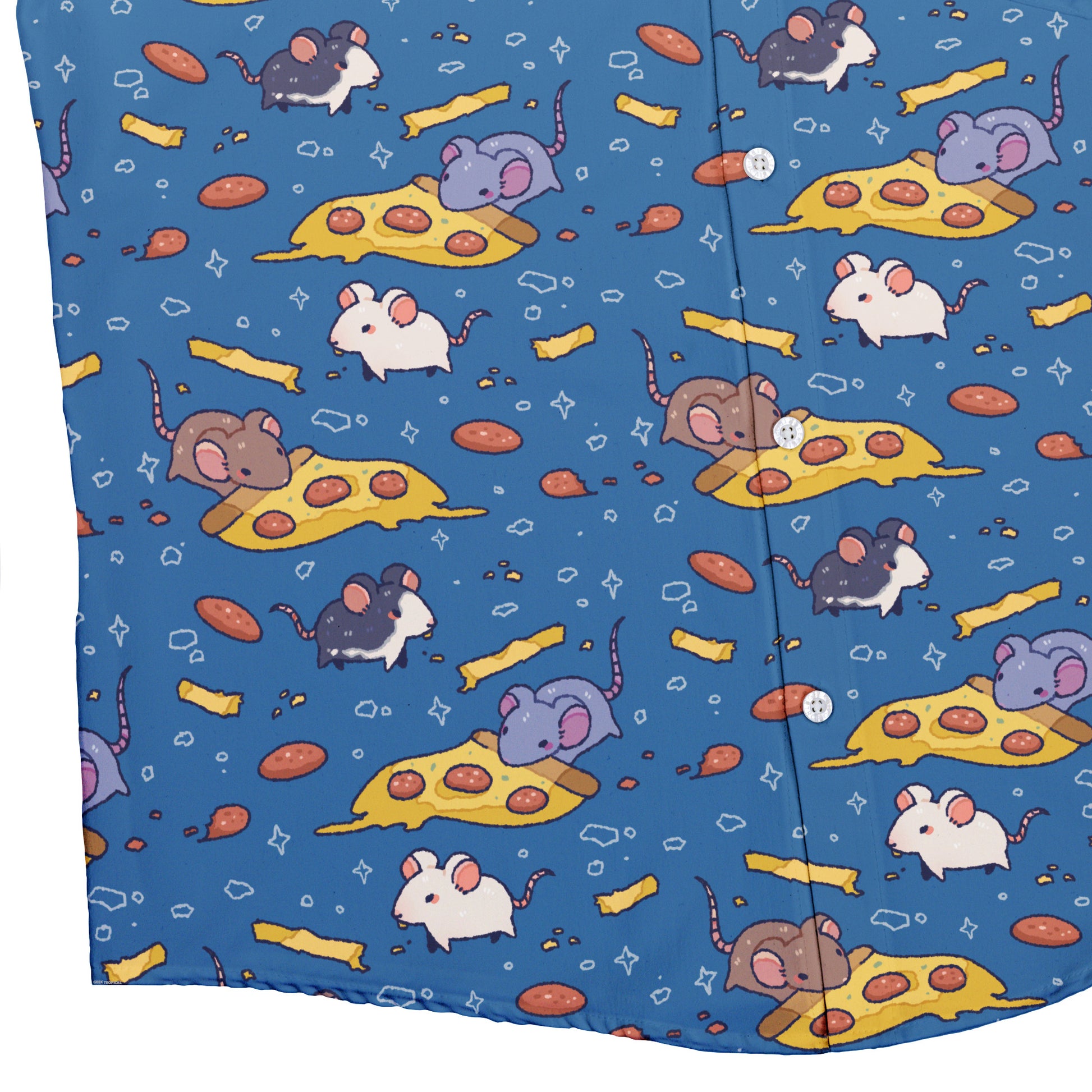 Pizza Rats Blue Button Up Shirt Bottom Corner