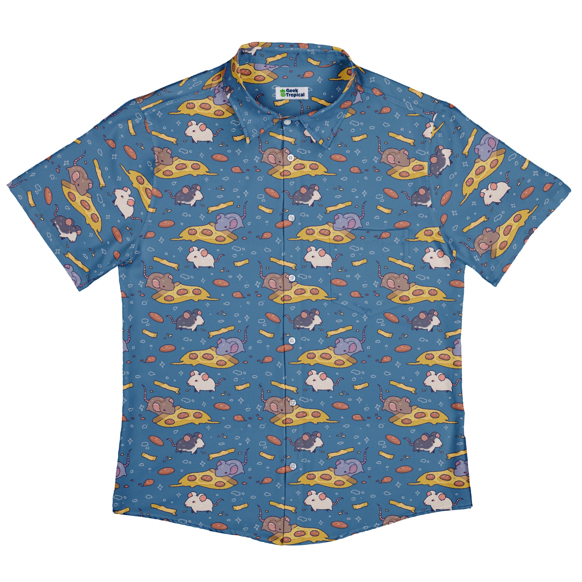 Pizza Rats Blue Button Up Shirt Flat Front